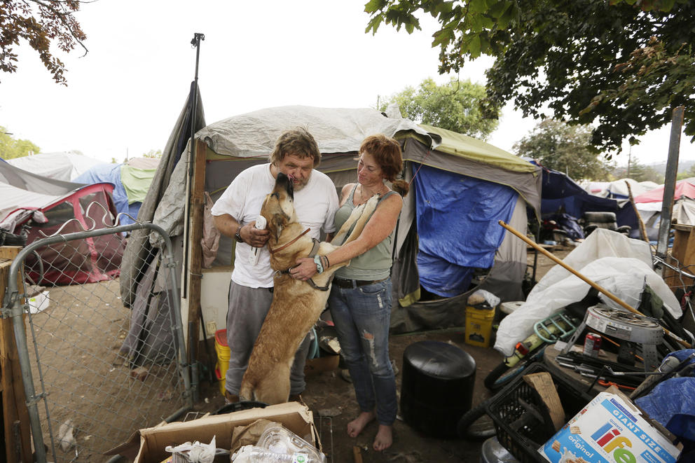 A dog jumps up between a couple and is licking the man's face, their tent is seen behind them