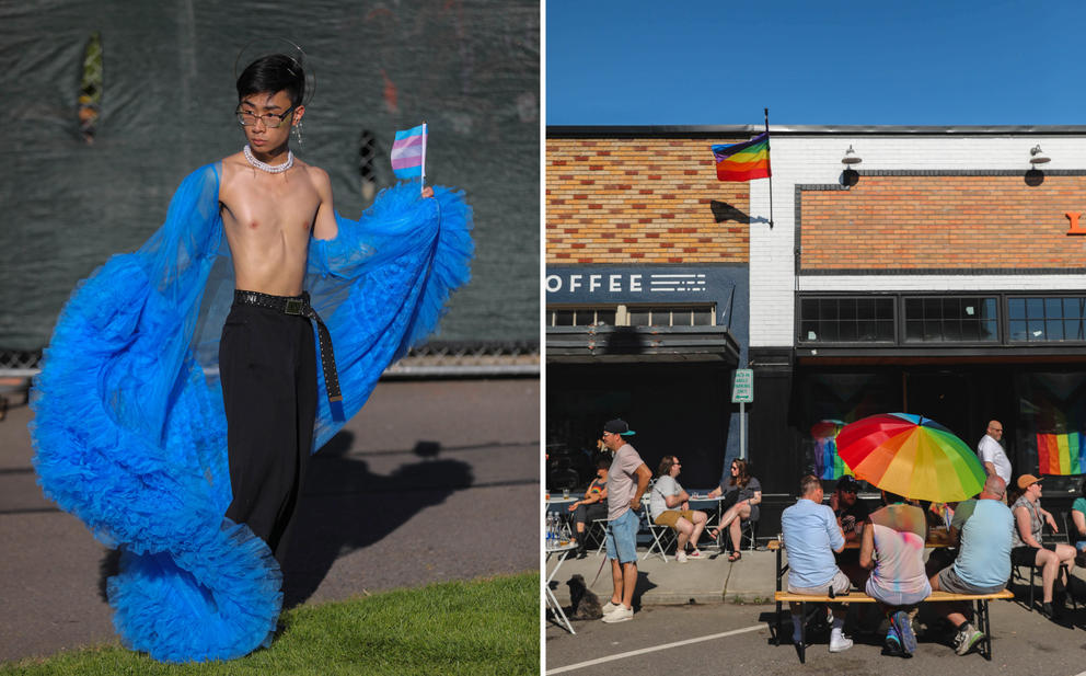 left: a shirtless person wears a blue chiffon cape right: people gather at tables with a rainbow umbrella