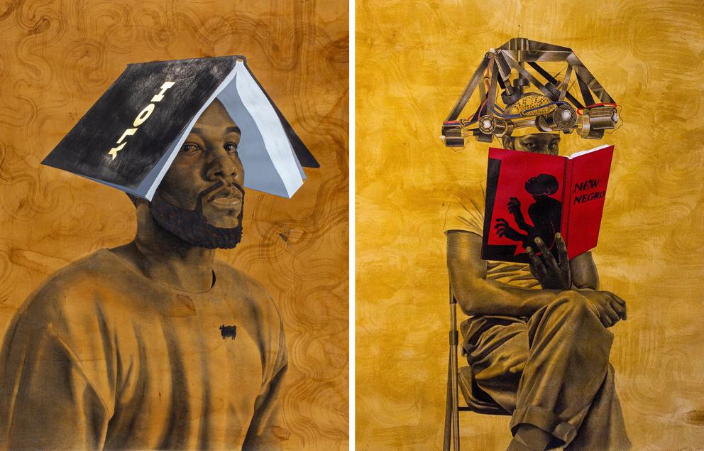 two gold-brown paintings side by side