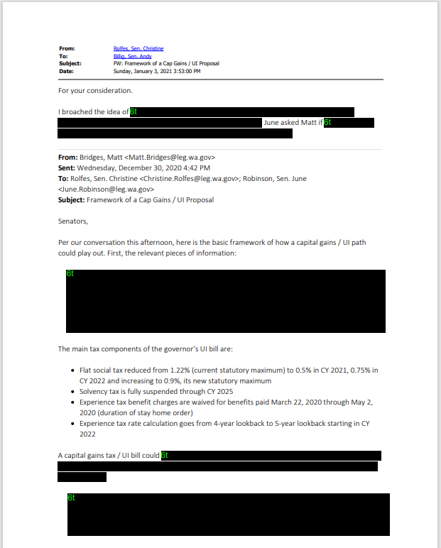 A picture of redacted Senate email concerning Washington capital-gains tax.