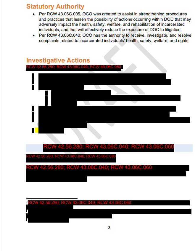 A picture of a redacted oversight report on the use of emergency restraints in Washington's prisons