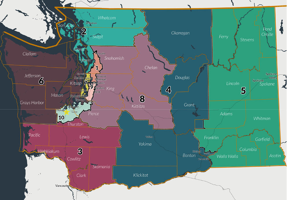 A map of Washington state's 10 congressional district boundaries, as proposed by the 2021 redistricting commision