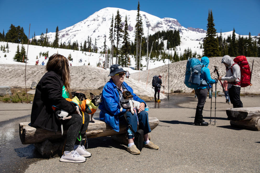 Family outside Mount Rainier National Park visitor center
