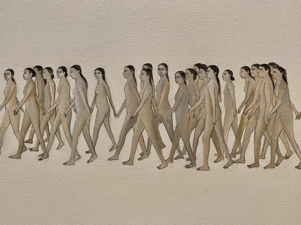 a beige toned painting of a group of cartoonish nude women walking toward the left