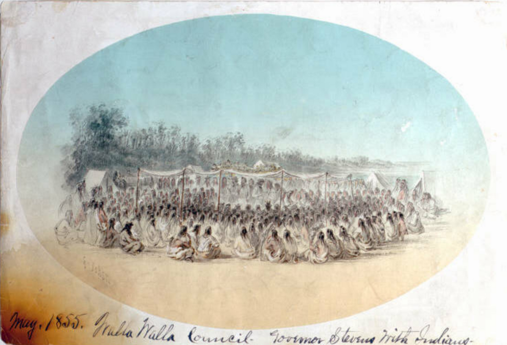 Illustration of Indigenous people sitting on the ground during a meeting