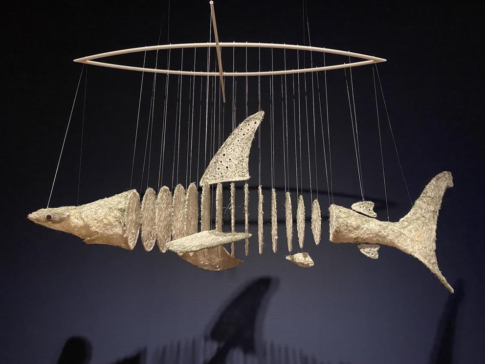 floating sculpture of a hammerhead shark