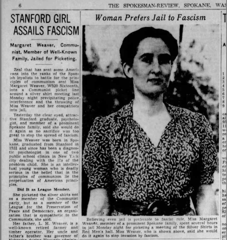 Newspaper clipping with photo of Weaver and text that reads, 'Stanford girl assails fascism' and 'woman prefers jail to fascism'