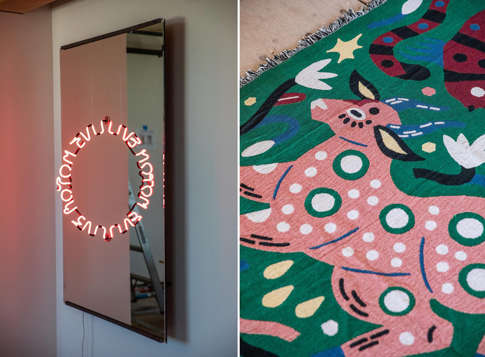 Left: neon artwork in a circle, right: textile work featuring an animal in pink