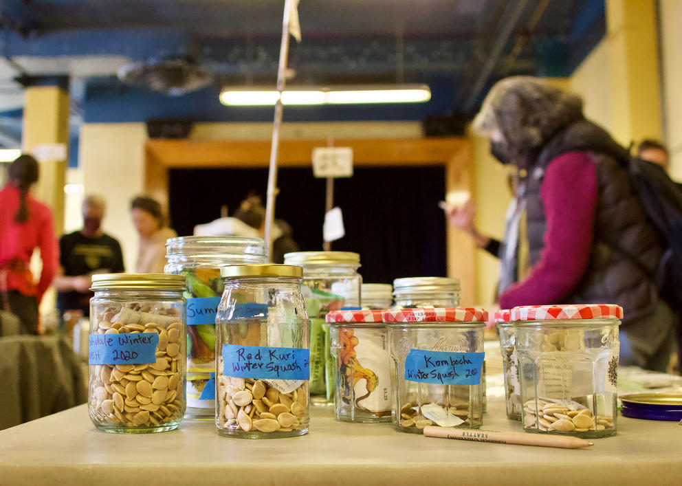 glass jars of seeds sit at the end of a table and people browse them in the background