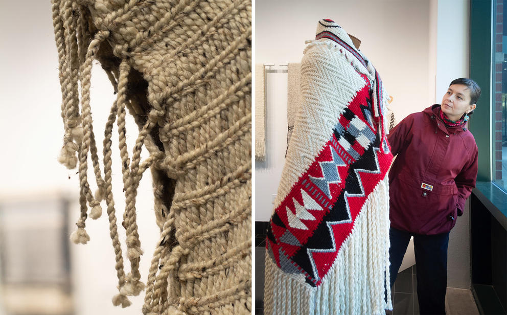 Side by side photo, one close-up of woven fabric, another of a woman who approaches a blanket draped over a mannequin