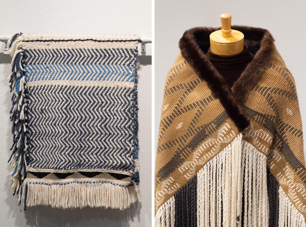 A weaving on the left, and on the right a shawl with fur at the top