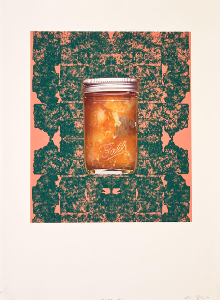 mason jar on green and salmon colored background in art print