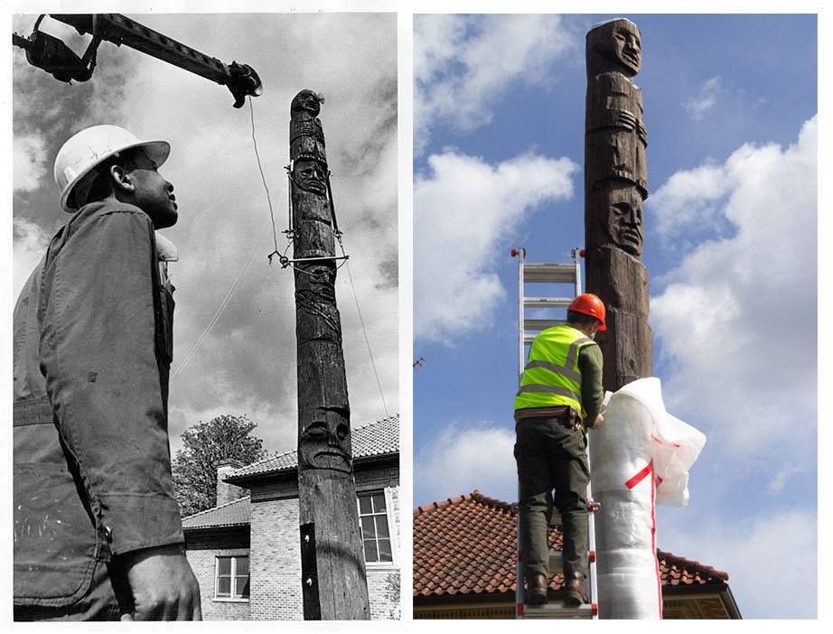 Black and white photo on the left featuring person looking at carved pole, on the right, a recent color photograph of worker unveiling the Soul Pole