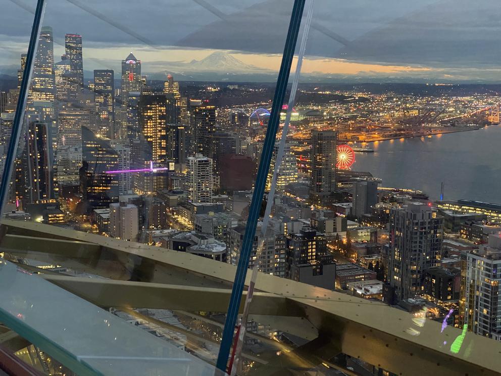 photo of downtown Seattle from the Space Needle observation deck, with view of Elliott Bay, ferris wheel, downtown buildings