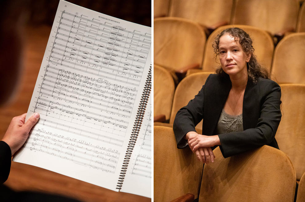 side by side images, on left someone holding sheet music, on right, a woman sitting in auditorium seats
