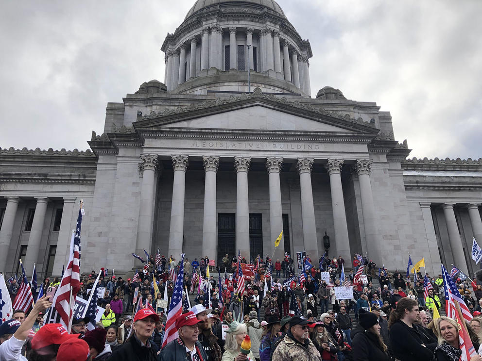 protesters on the steps of the Washington state Capitol