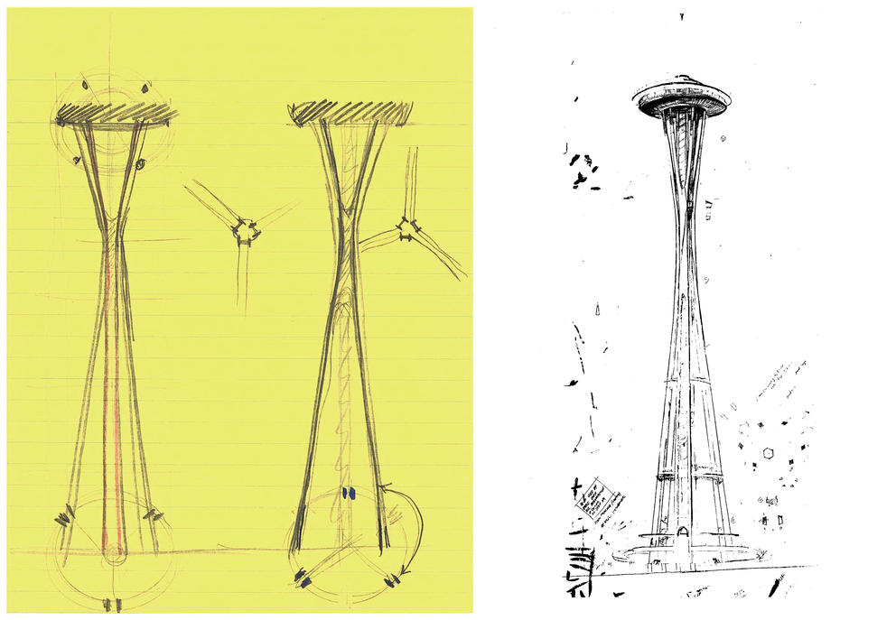 A sketch of a tower on yellow notepad, a detailed drawing on white paper