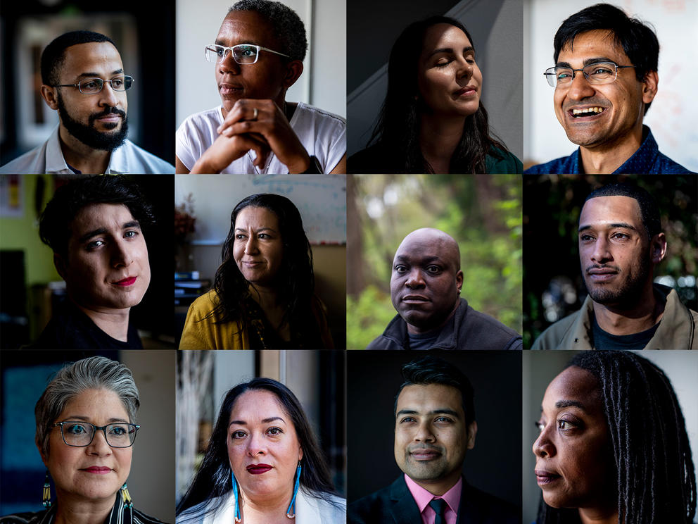 Crosscut's “I Am STEM” profiles included, left to right, starting from top row, Eric Nealy, Crystal C. Hall, Corrie Ortega, Rahul Banerjee, Os Keyes, Tracie Delgado, Morris Johnson, Clint Robins, Maia Bellon, Abigail Echo-Hawk, Bish Paul and Tarika Powell (Photo by Dorothy Edwards/Crosscut).