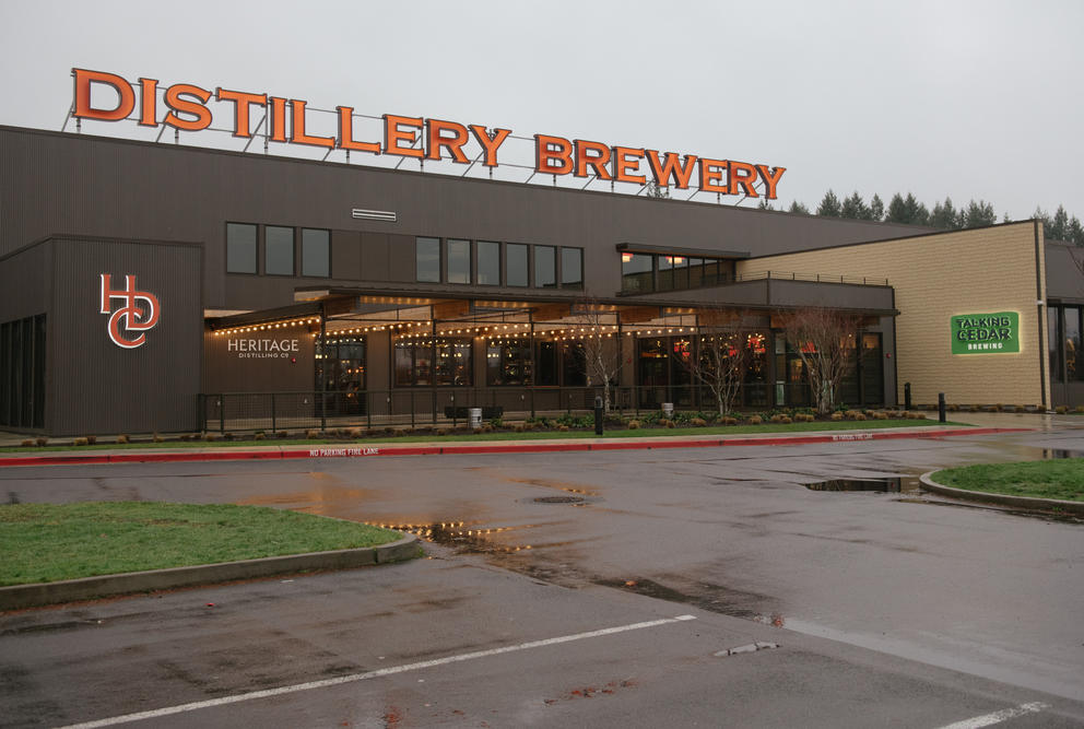 An exterior view of Talking Cedar’s 35,000 square foot distillery-brewery