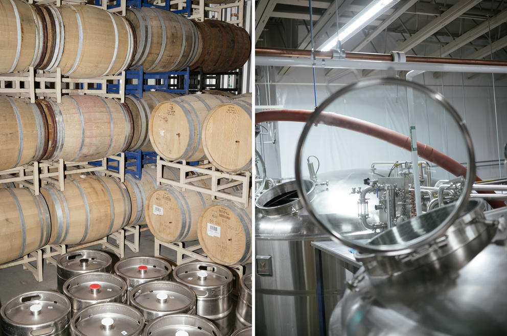 Left: Barrels and kegs of Talking Cedar beer in their new 35,000 square foot facility in Grand Mound, WA. Right: Silver fermentation tanks sit open.