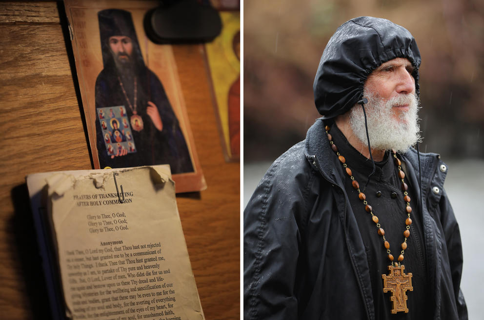 Left: A tattered prayer book is seen on a lectern. Right: Father James Bernstein stands in the rain wearing a black rain hood and wood cross around his neck