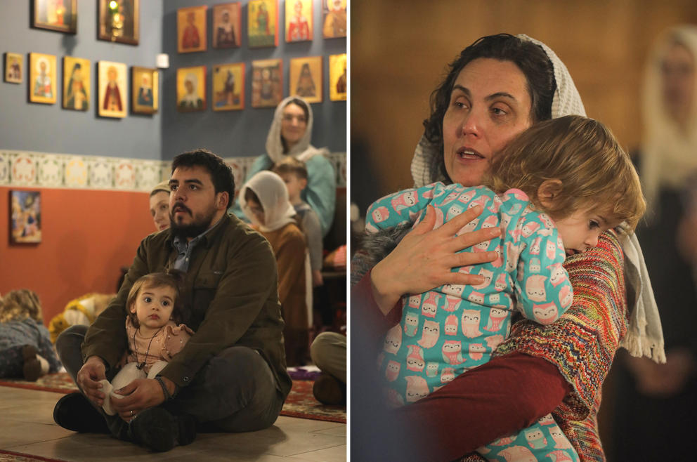 Two photos of a man and a woman each holding a small child during a church service