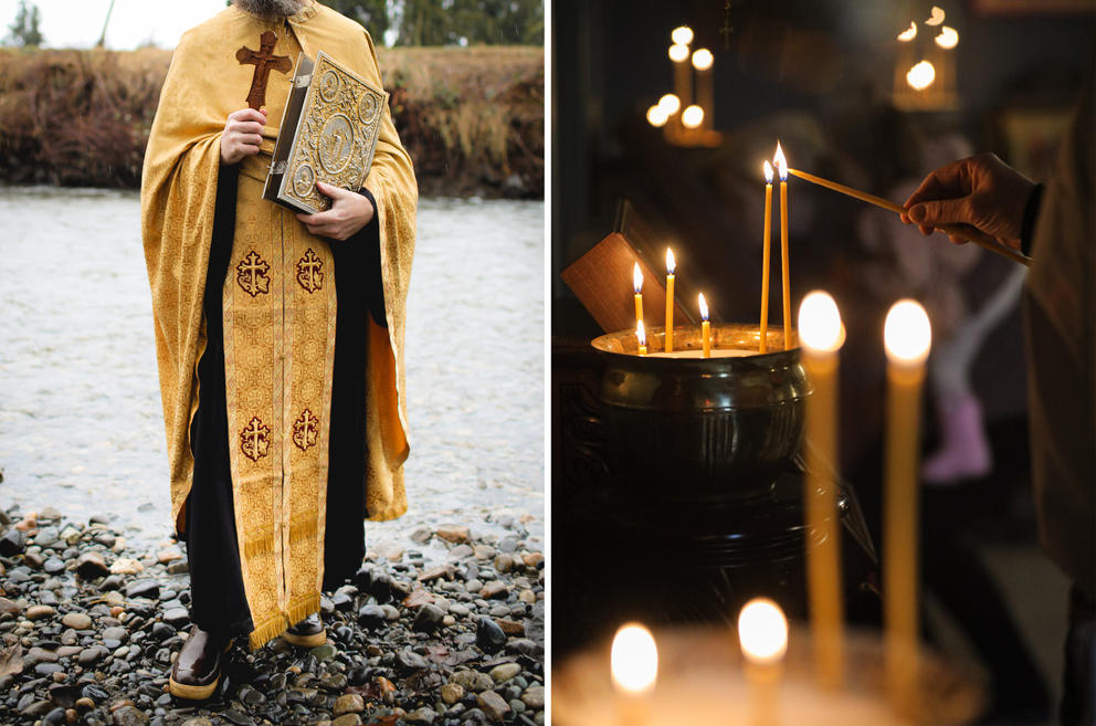 at left, a photo of a priest in gold vestments holding an ornate bible and cross on a river bank, at right a hand lights candles in a church