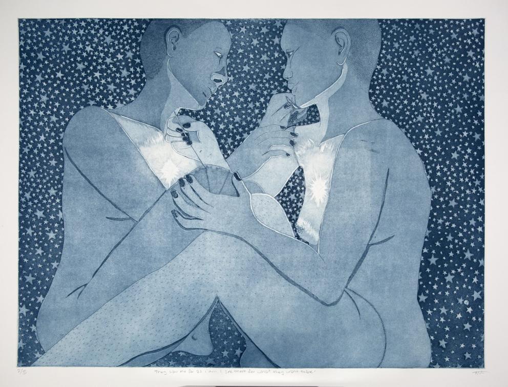 blue tinted painting of two people in front of a starry sky, they have a light in their chest and seem naked
