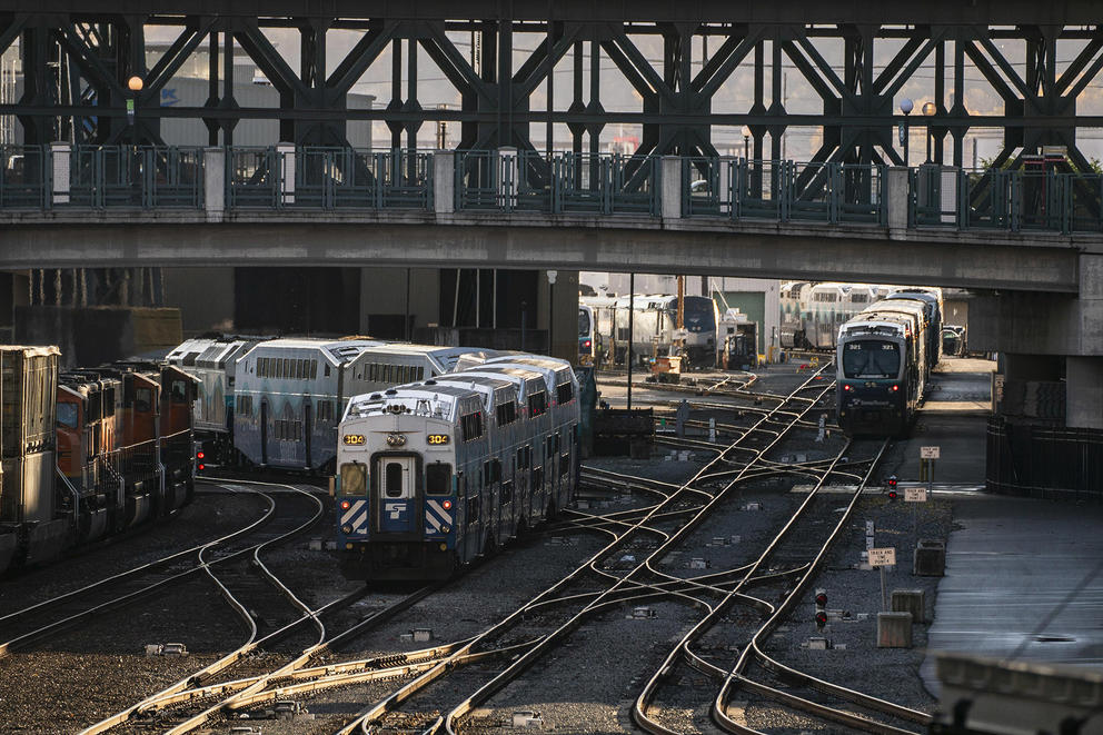 amtrak trains lined up in a rail yard in Seattle