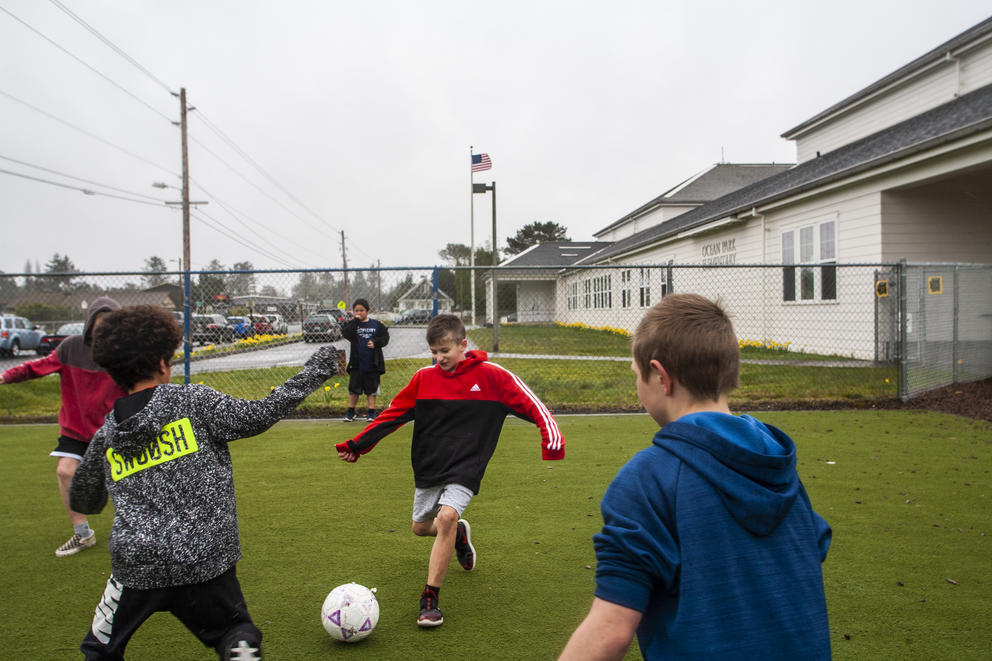 Kids play soccer at Ocean Park Elementary School