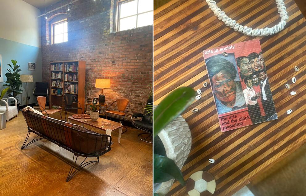side by side photo of interior with vintage furniture and books, photo on the right is a close up photo, from above, of a book ("The Arts and The Black Revolution") on a table with a potted plant and necklace.