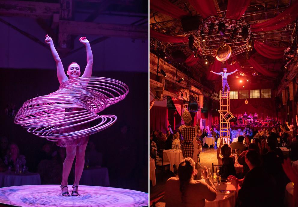 Left: performer dances with arms outstretched and at least ten hula-hoops around her. right: person performs on stack of chairs