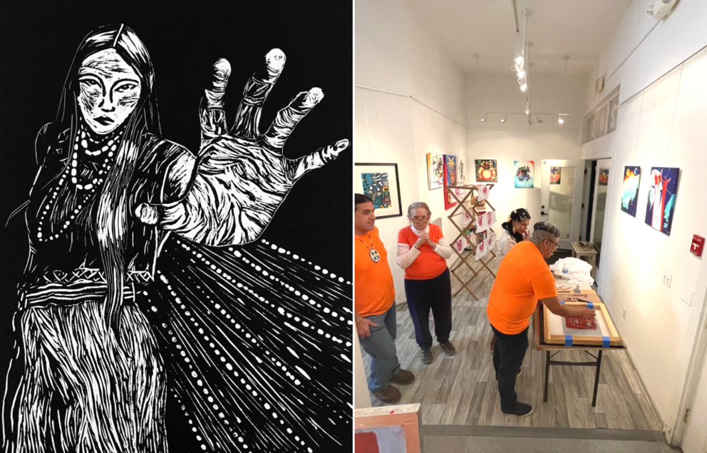 side by side, on the left: a black and white print with a woman extending her hand, the viewer sees the palm of her hand, which is outstretched. On the right, a photo of a room with white walls featuring art, people wearing orange shirts are standing in the space