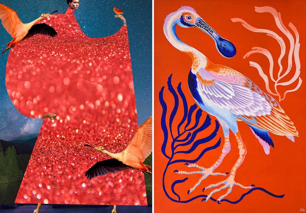 Side-by-side of two artworks. On the left: a collage featuring bright red feathers and images of flamingos, on the right a painting of a bird on a bright red backdrop