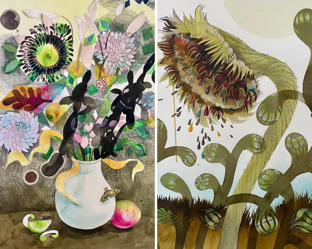 Two floral paintings are pictured side by side, a collage on the left and a curved sunflower on the right. 