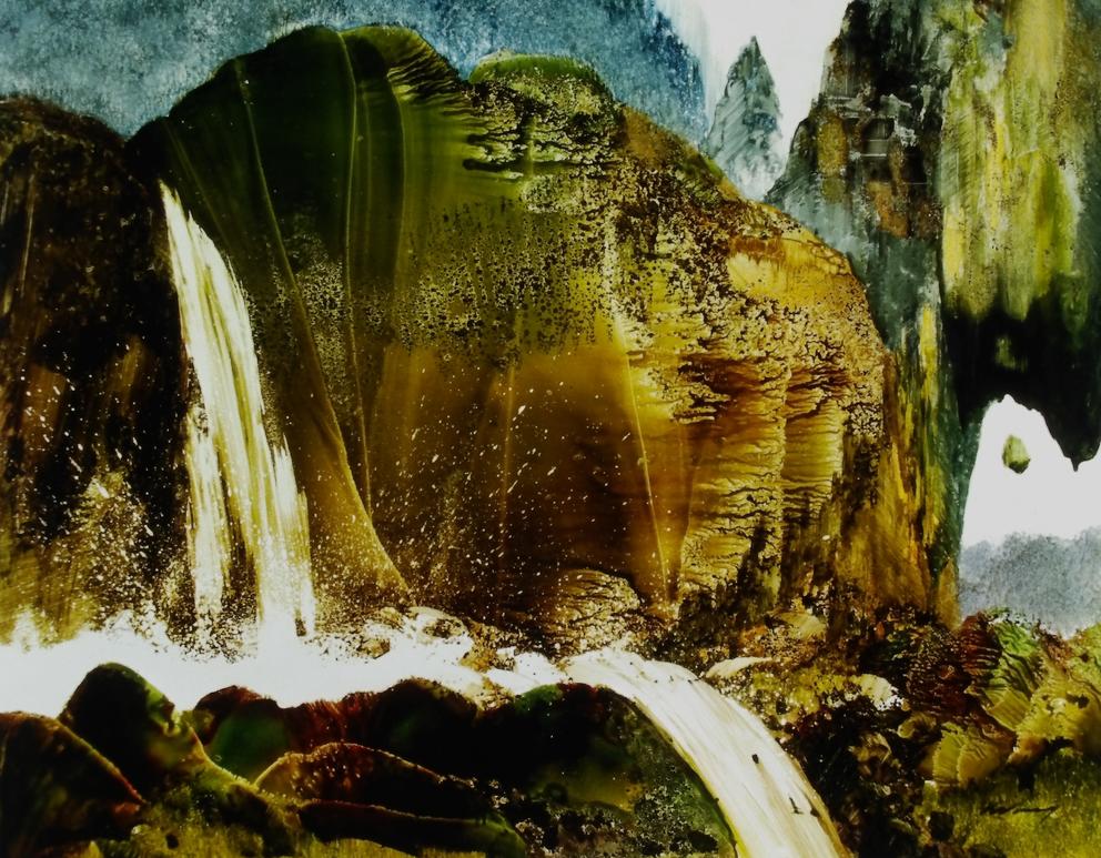 a smudgy painting of a green-brown mountain with waterfall