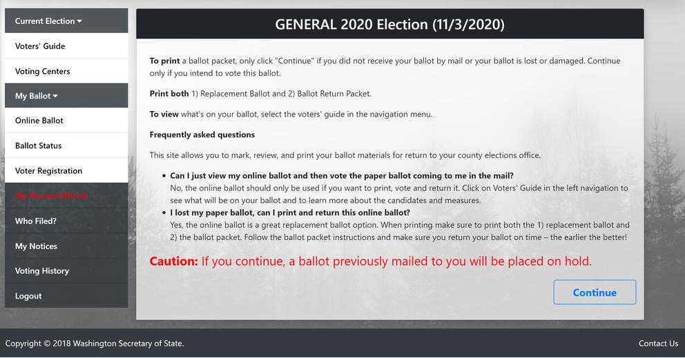 Current warning message on VoteWA saying that if you view online ballot, the ballot that was mailed to you will be 'placed on hold'