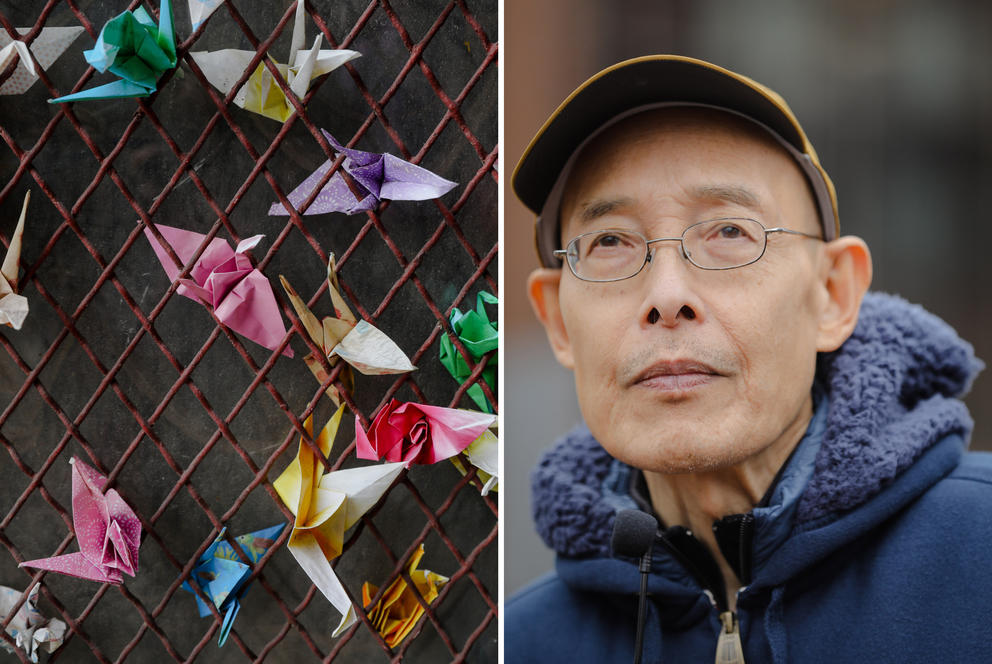 Left: paper cranes, right: portrait of Ron Chew