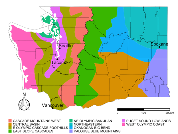 a map of Washington state color-coded to show climate regions