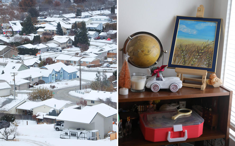At left, a snow covered neighborhood in Wenatchee. At right, a painting of the wheat fields and blue skies sits on a shelf with other knicknacks 