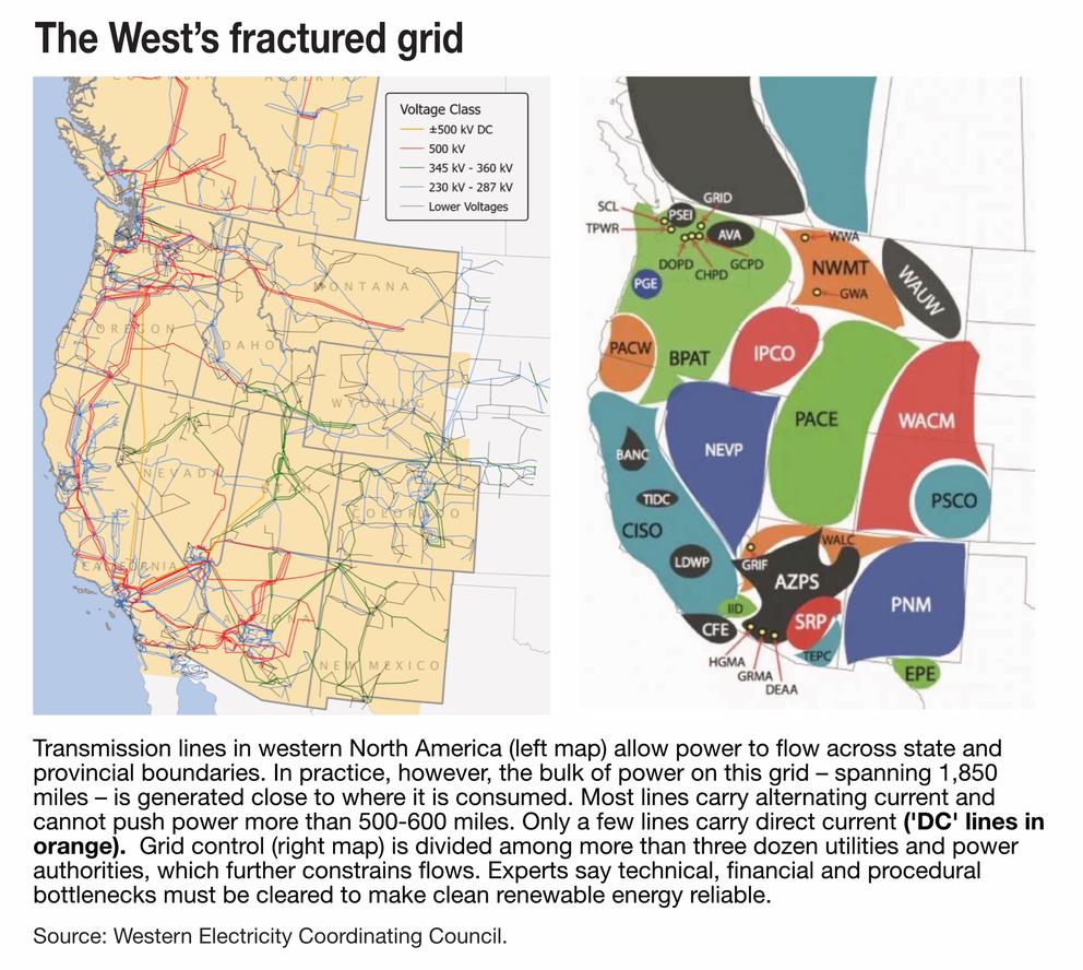 A map of the western United States showing electrical grids