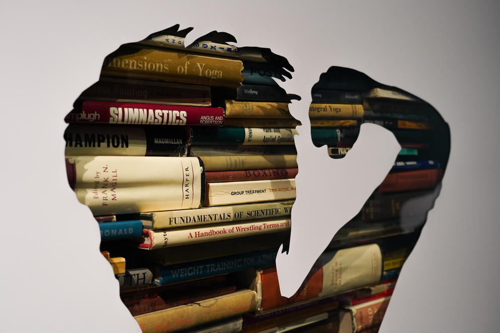 photo of stacks of books showing throw the cutout of a head and arm