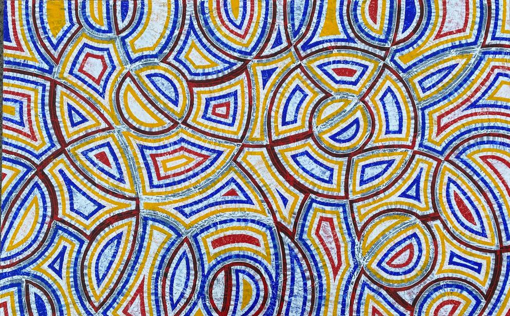 Abstract painting featuring interlocking circles and lines of purple and yellow and blue  