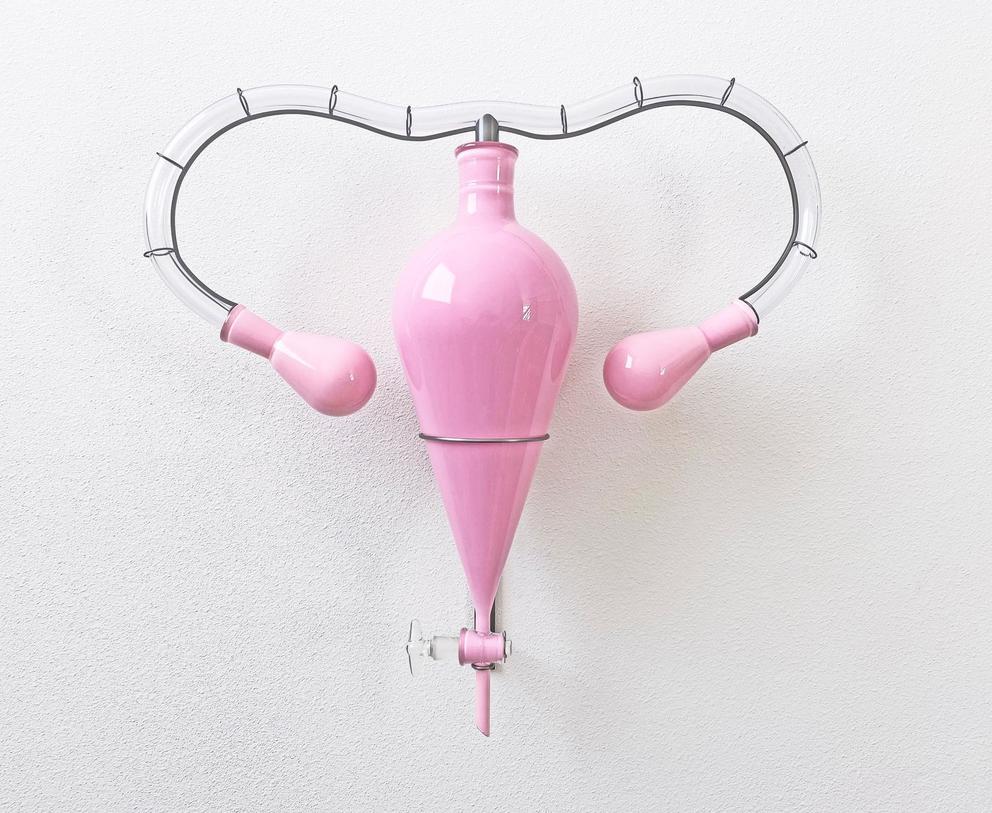 a pink glass sculpture of a uterus with fallopian tubes made of medical tubing