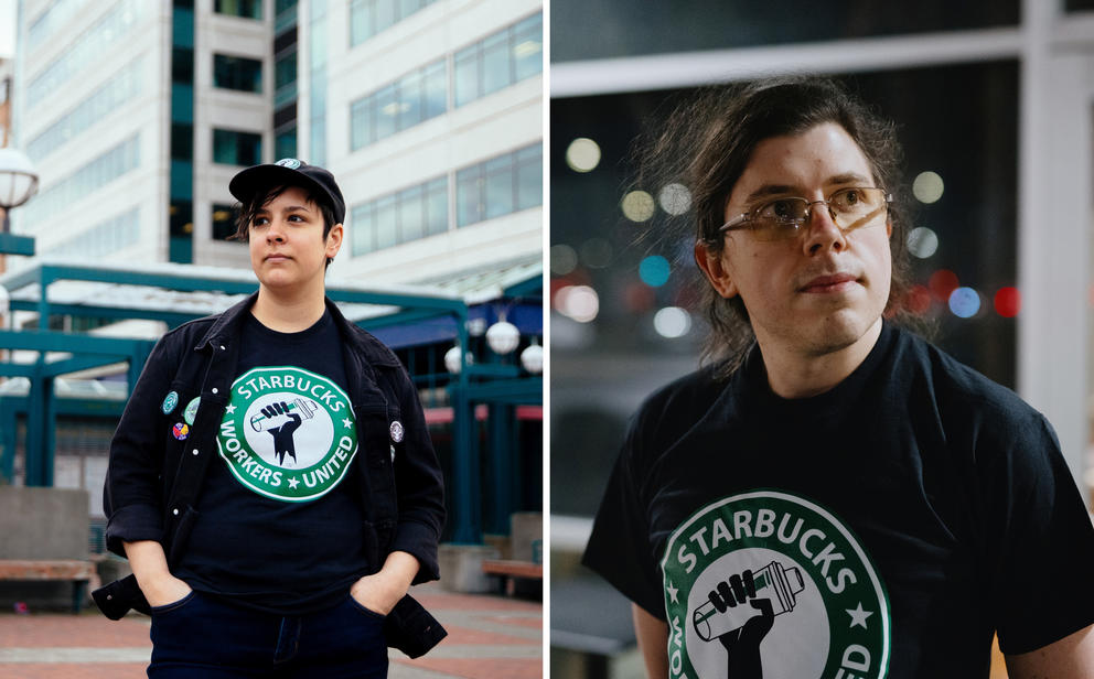 Side-by-side portraits show two people wearing black Starbucks Workers United shirts.