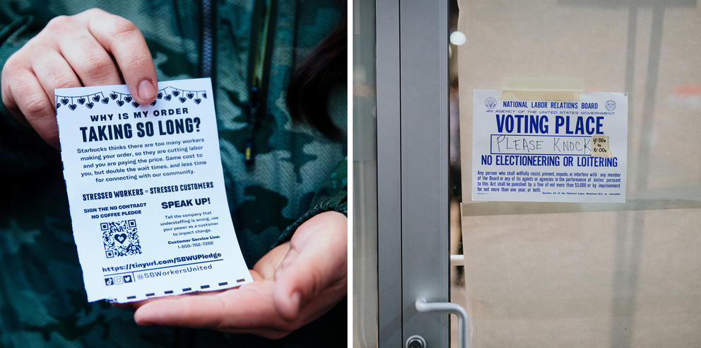 Side-by-side photos show hands holding a pro-union flier and a sign declaring a union election.