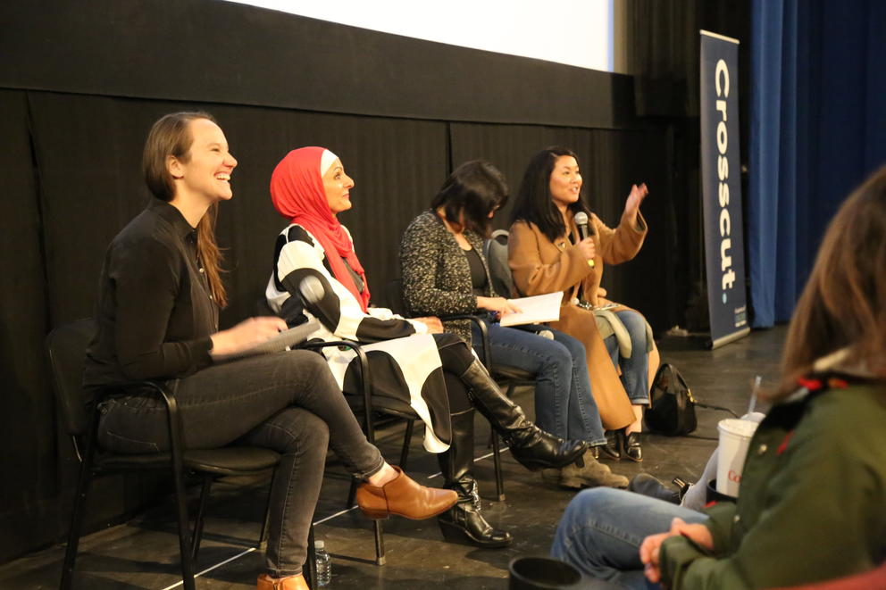 Sarah Menzies, KCTS9 director of videography, Aneelah Afzali, Afghan American advocate, Dede Tran, Afghan War veteran, and Than Tan, Refuge After War director, host a Q+A after the film screening.