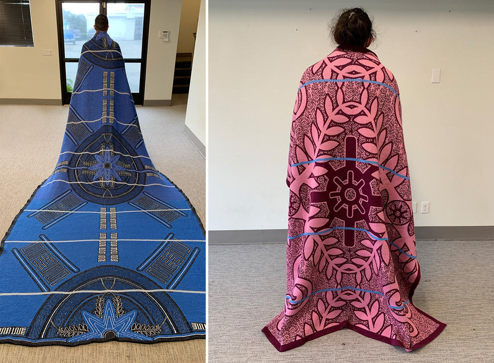 two side by side photos of people modeling blankets worn as capes, seen from the back to show the Afrofuturist designs