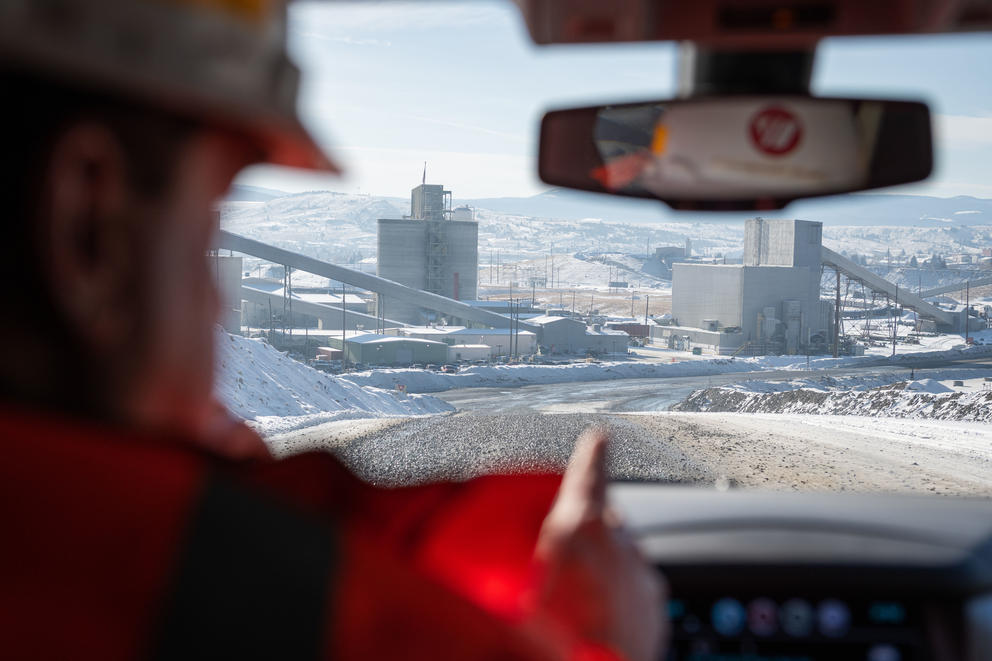 A view of the mine through the windshield of Mark Thompson's truck