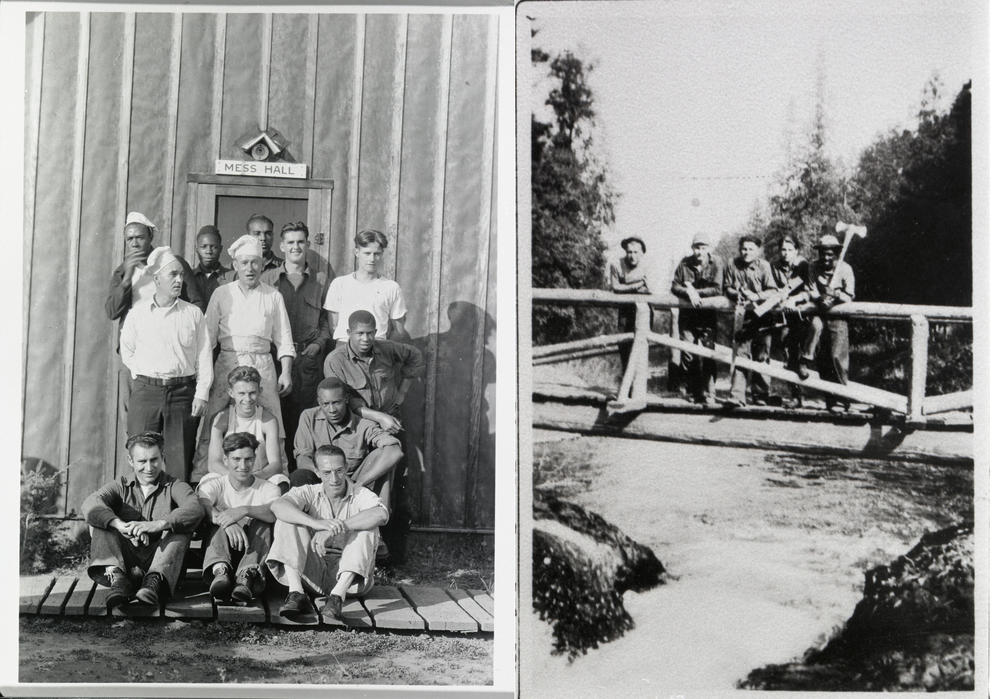 Two archival images of small groups of men